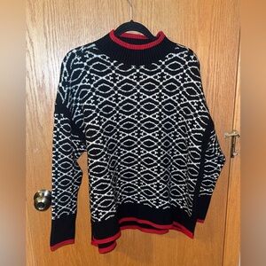 T by Talbots Mock Neck Lattice Lodge Black and White Knit Sweater